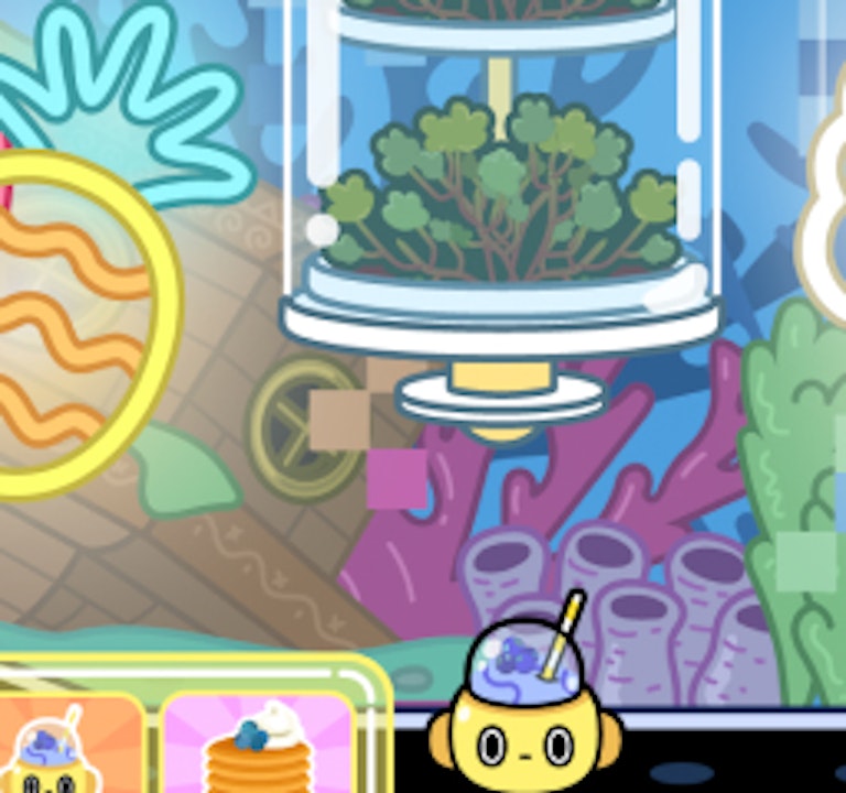 This is an image of an assortment of assets from the Toca Boca World game. We see some coral and a neon light of a pineapple as well as a drink from Rob-o-cafe