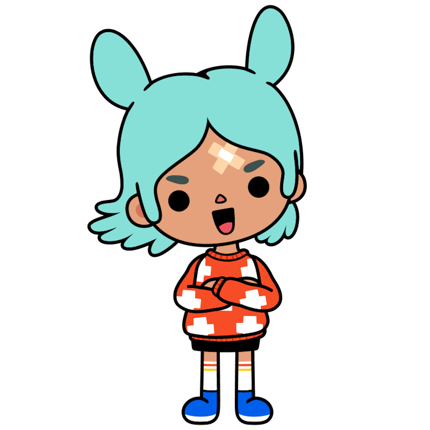 This is an image of Rita, a character from Toca Boca World, standing with her arms crossed. She has her mouth open as if smiling widely or saying something