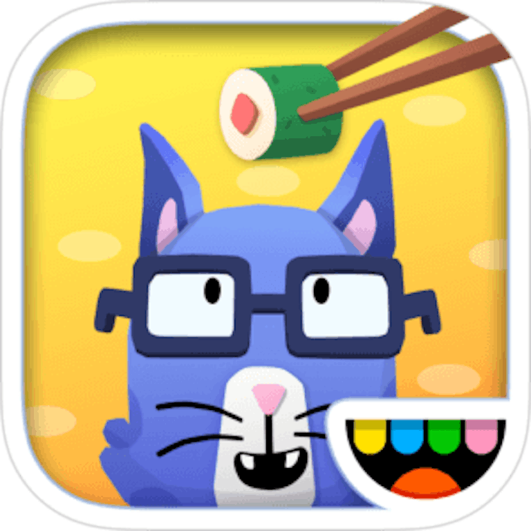 This is the app icon for the app Toca Kitchen Sushi. It features the head of a blue cat with square shaped glasses. The cat is looking up on a sushi roll