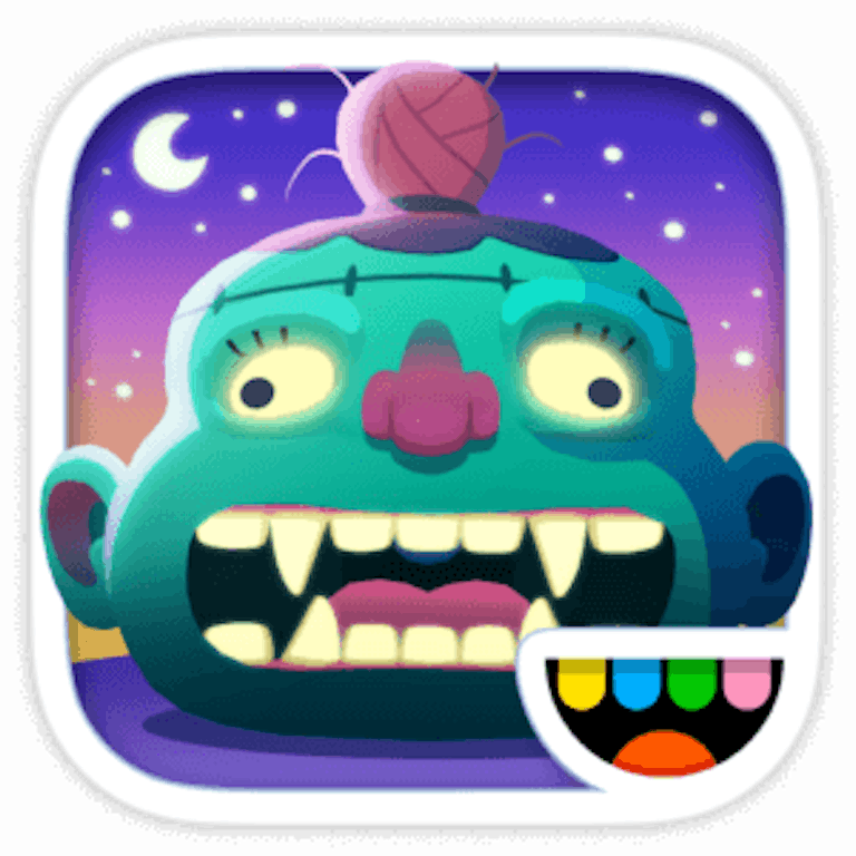 This is the app icon for the app Toca Mystery House. The head of a large monster is set on a purply starry night background.