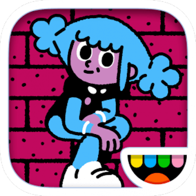 This is the app icon for Toca Dance. It features a vibrant beetroot colored brick wall background and a character with blue hair and blue leggings in a crouched position
