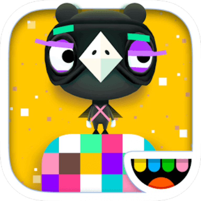 This is the app icon for Toca Blocks. It features a black character that looks to be a bird standing on top of a pixelated block