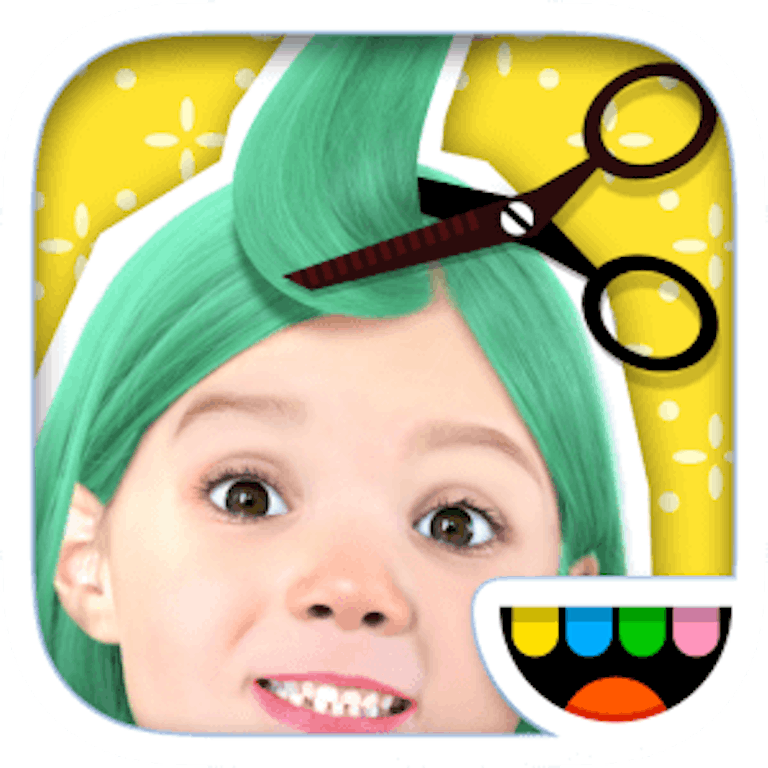 This is the app icon for Toca Hair Salon Me. It features a kid getting it's green hair cut