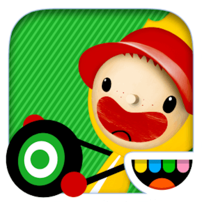 This is the app icon for Toca Cars. It features a character in a yellow jacket and red cap holding something that looks like a steering wheel