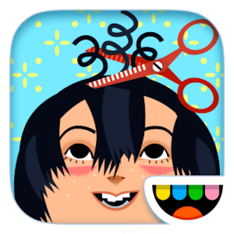 This is the app icon for Toca Hair Salon 2. It features the head of a happy character getting some curly hair strings cut