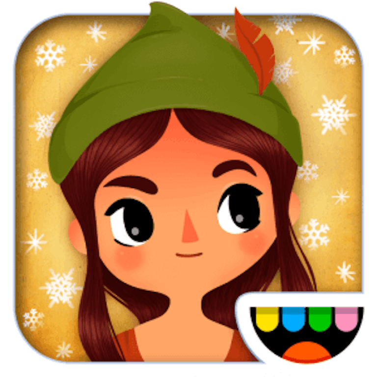 This is the app icon for Toca Tailor Fairy Tales. It features a character with long brown hair and big eyes. On it's head is a gren hat with a red feather. The Toca Boca logo is in the bottom right of the image.