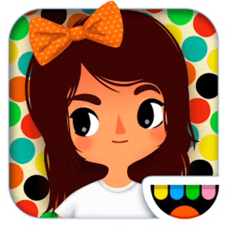 This is the app icon for Toca Tailor. It features a character with long brown hair and big eyes. The character has an orange colored bow in it's hair with small yellow dots. The Toca Boca logo is in the bottom right of the image.