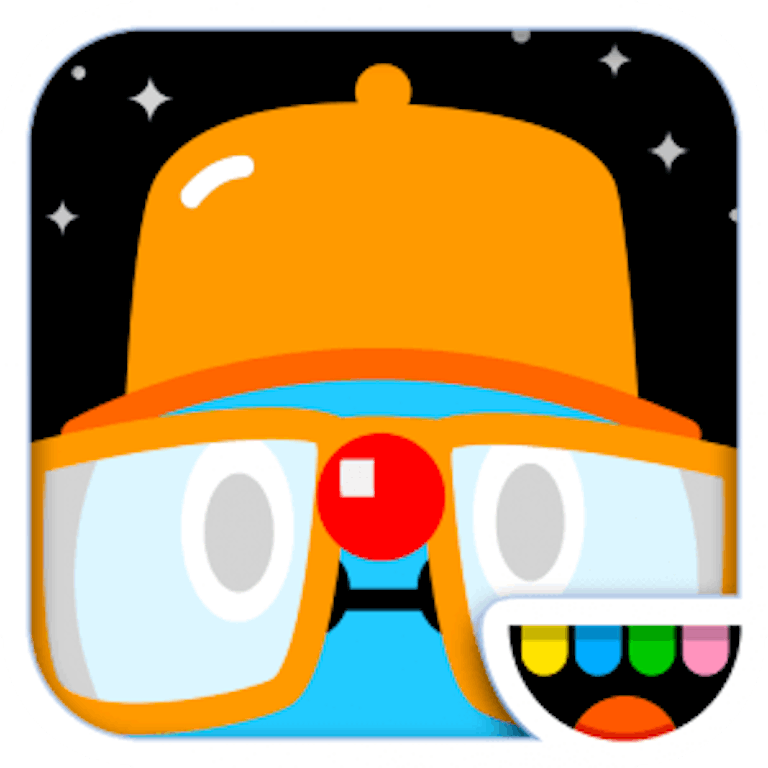 This is the app icon for Toca Band. The blue character Stikk Figga covers most of the image with it's signature orange glasses, red nose and orange hat. The Toca Boca logo is in the bottom right of the image.