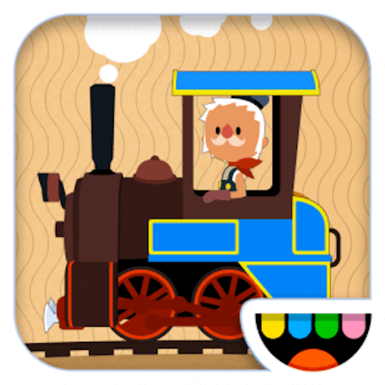 This is the app icon for Toca Train. It features a blue train with gold trim and an older character driving it. The Toca Boca logo is in the bottom right of the image.
