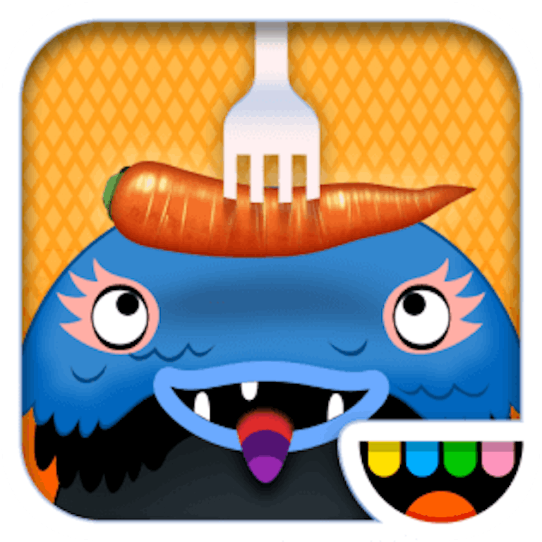 This app icon for the app Toca Kitchen Monsters. It features the head of a blue monter that looks up on a carrot held in a fork