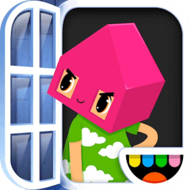This is the app icon for Toca House. It features Nova looking out from an open window. She has a pink house shaped head and a gren dress with white clouds.