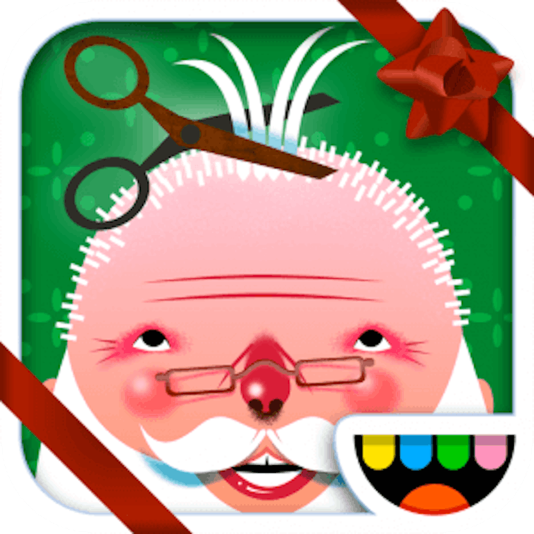 This is the app icon for Toca Hair Salon Christmas Gift. It features the head of father Christmas getting his hair cut.
