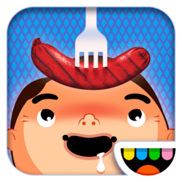This is the app icon for Toca Kitchen. It features the head of a drooling kid looking up on a sausage.