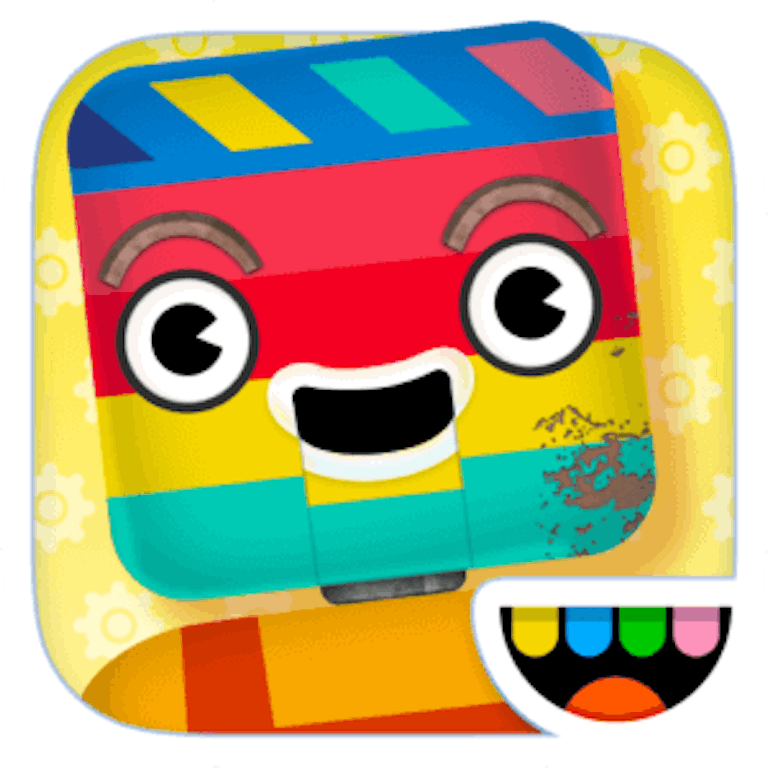 This is the app icon for Toca Robot Lab. It features a happy robot with a head in the shape of a square with rounded corners. The head has coloful stripes. The Toca Boca logo is in the bottom right of the image.