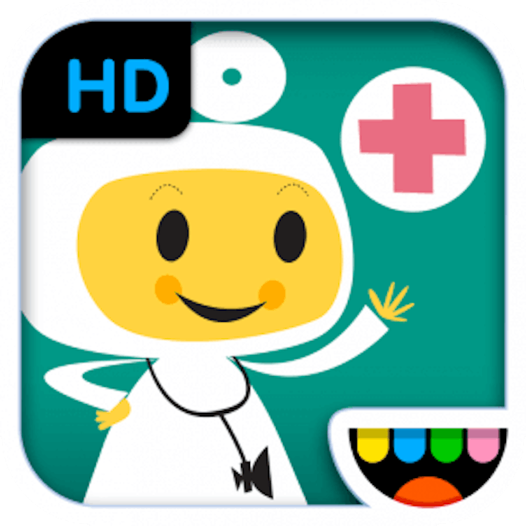 This is the app icon for Toca Doctor HD. It features a yellow character in a white doctors uniform and a round circle with a red cross on a teal background
