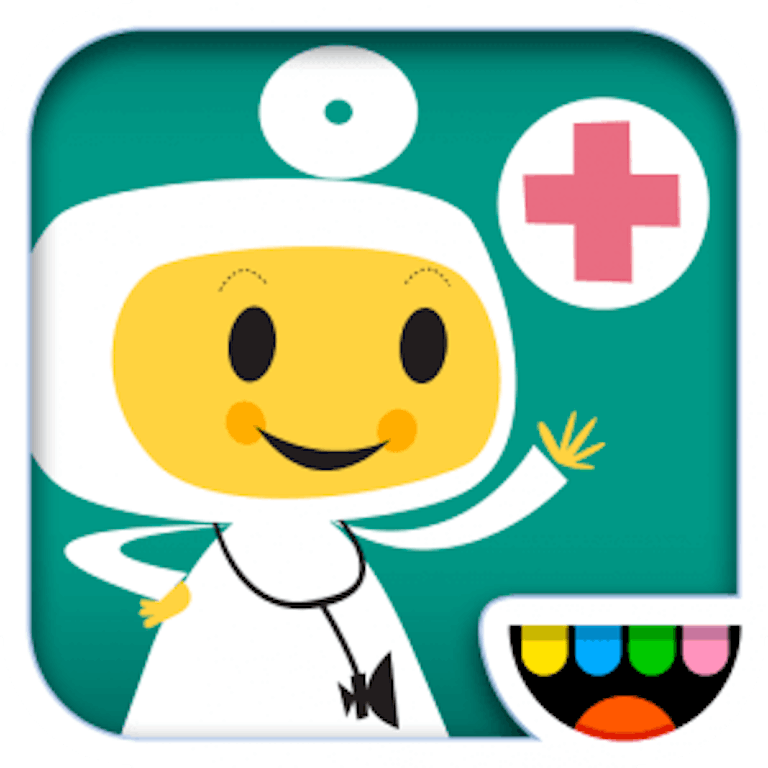 This is the app icon for Toca Doctor. It features a yellow character in a white doctors uniform and a round circle with a red cross on a teal background