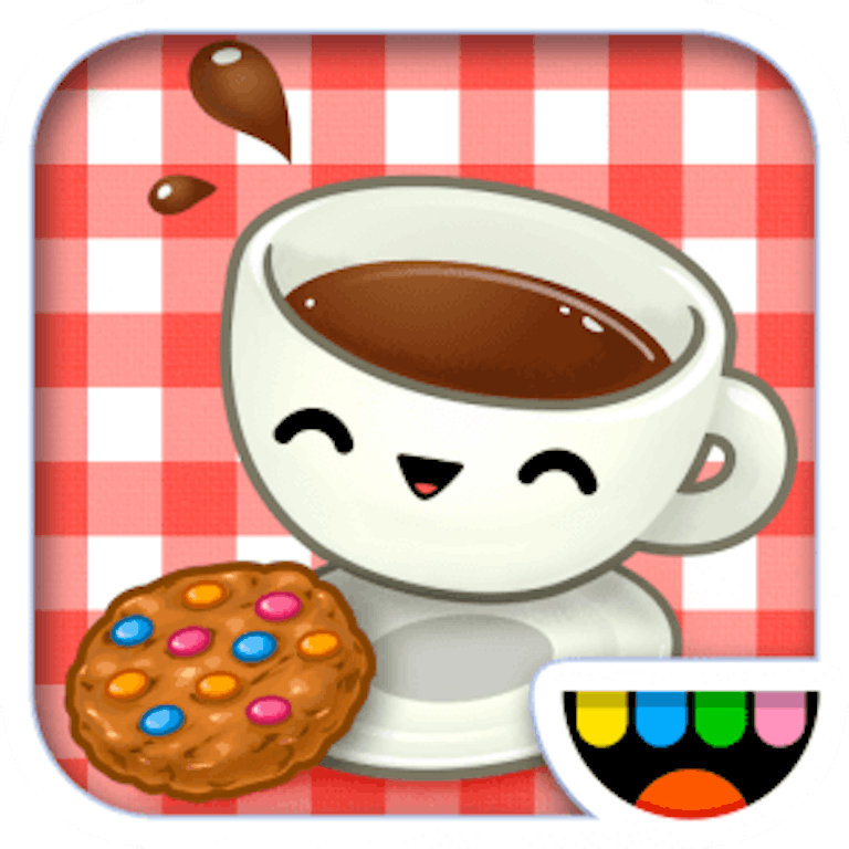 This is the app icon for Toca Tea Party. It features a teacup with Toca Boca's signature eye blink and smiling face and next to it a cookie with different colored candy on it. The Toca Boca logo is in the bottom right of the image.