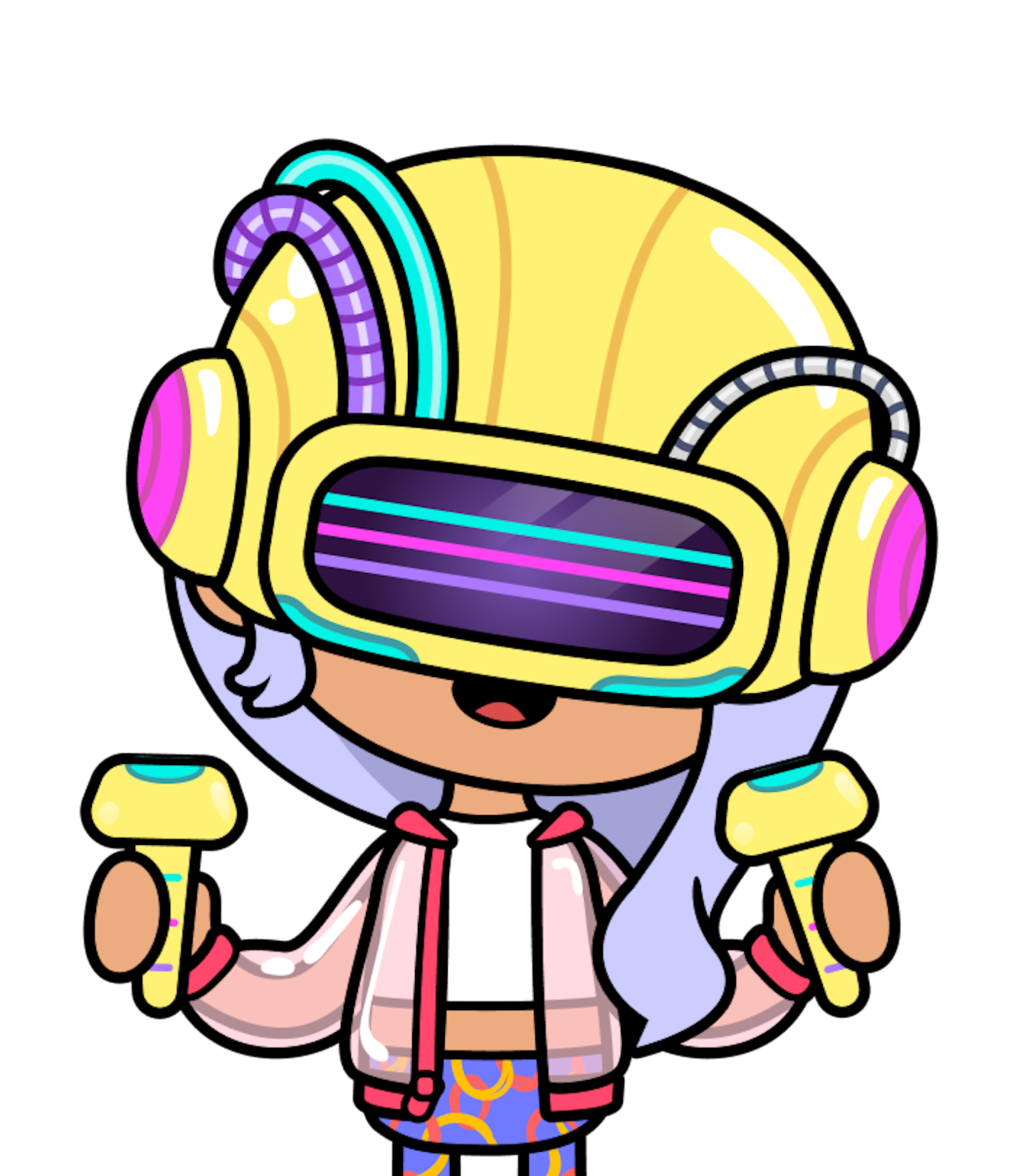 This is an image of a character from Toca Boca World with a yellow VR headset on