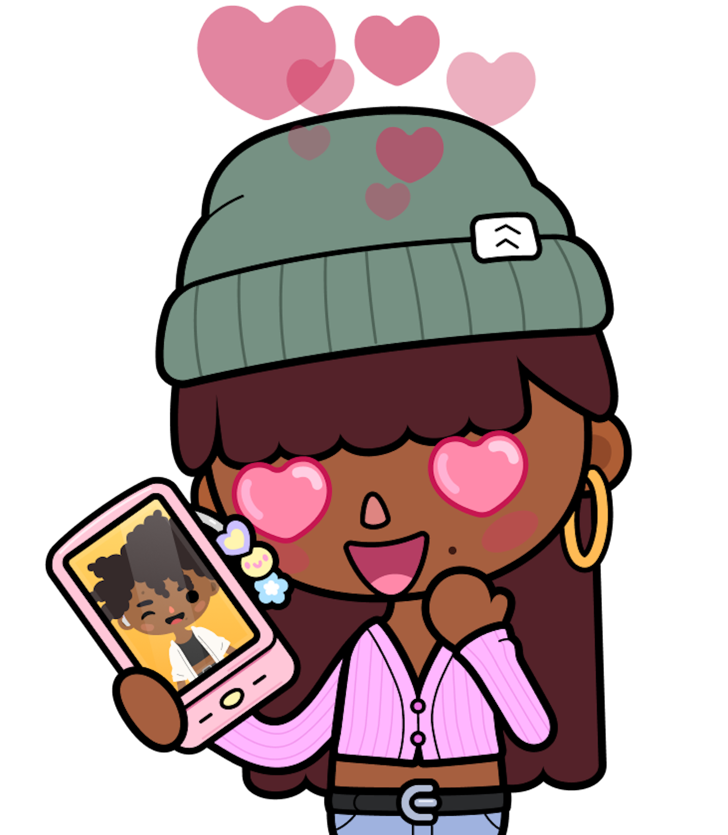 This is an image of a girl in the Toca World art style holding a phone with an image of a boy and she has heart emoji eyes