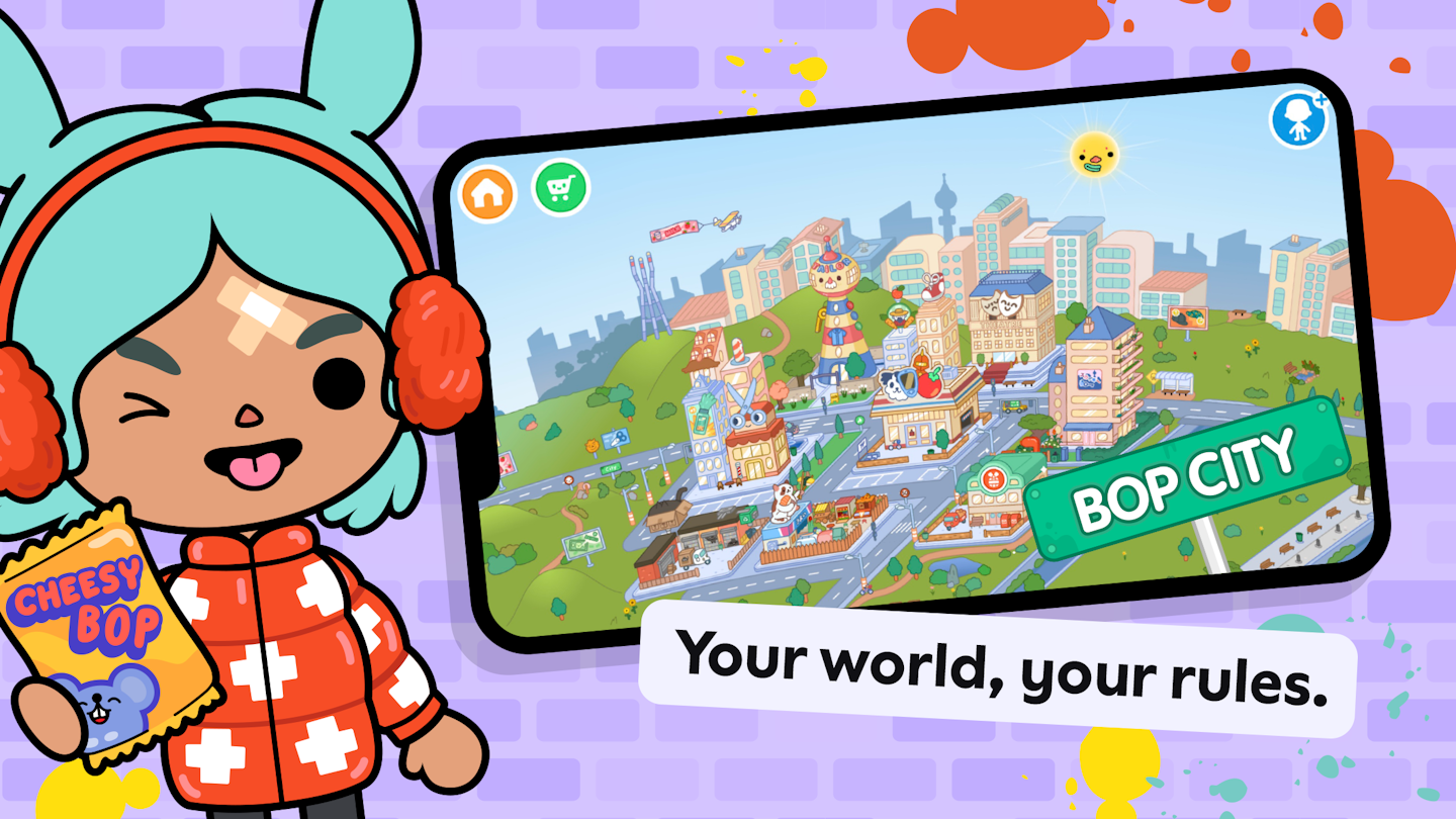 This is is an image showing a mobile phone with Toca Boca World gameplay. The gameplay is showing off the map view of the Bop City district and the words "Your world, your rules." are in a banner below the phone. There is a character Rita in the foreground holding some snacks and winking while sticking her tongue out