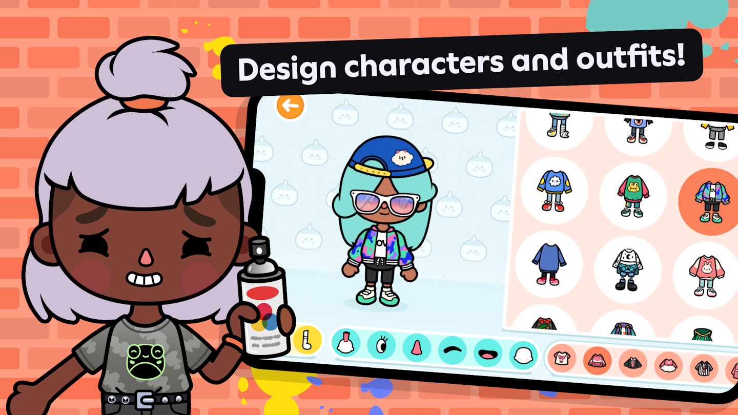This is is an image showing a mobile phone with Toca Boca World gameplay. It is the Character Creator and a cool street character is being created and the words "Design characters and outfits!" are in a banner above the phone. There is a character in the foreground holding a spray can