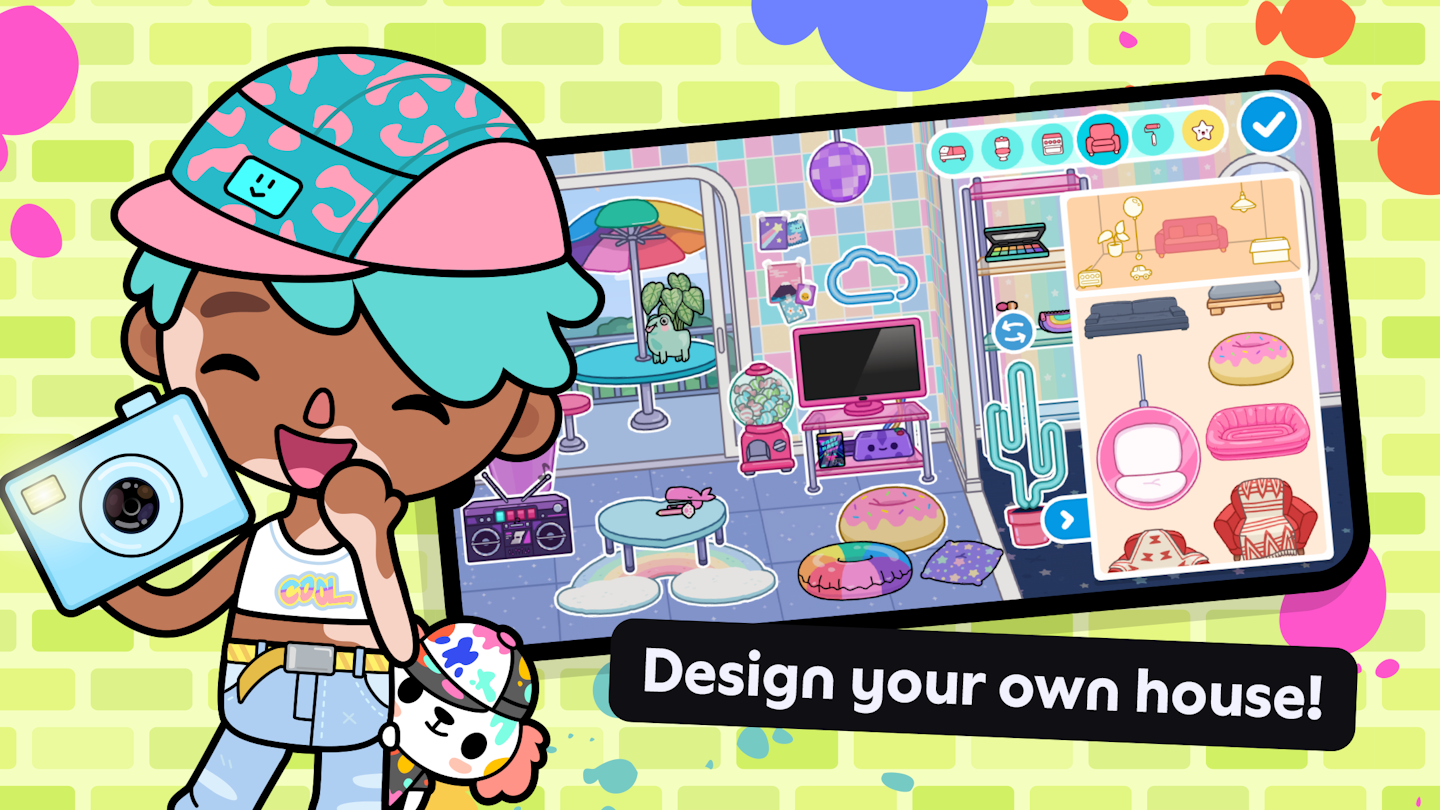 This is is an image showing a mobile phone with Toca Boca World gameplay. There is a Home designer location in the gameplay with the menu item and lots of house items available for use and the words "Design your own house!" are in a banner below the phone. There is a character in the foreground holding a camera and laughing and there is a colorful crumpet behind them