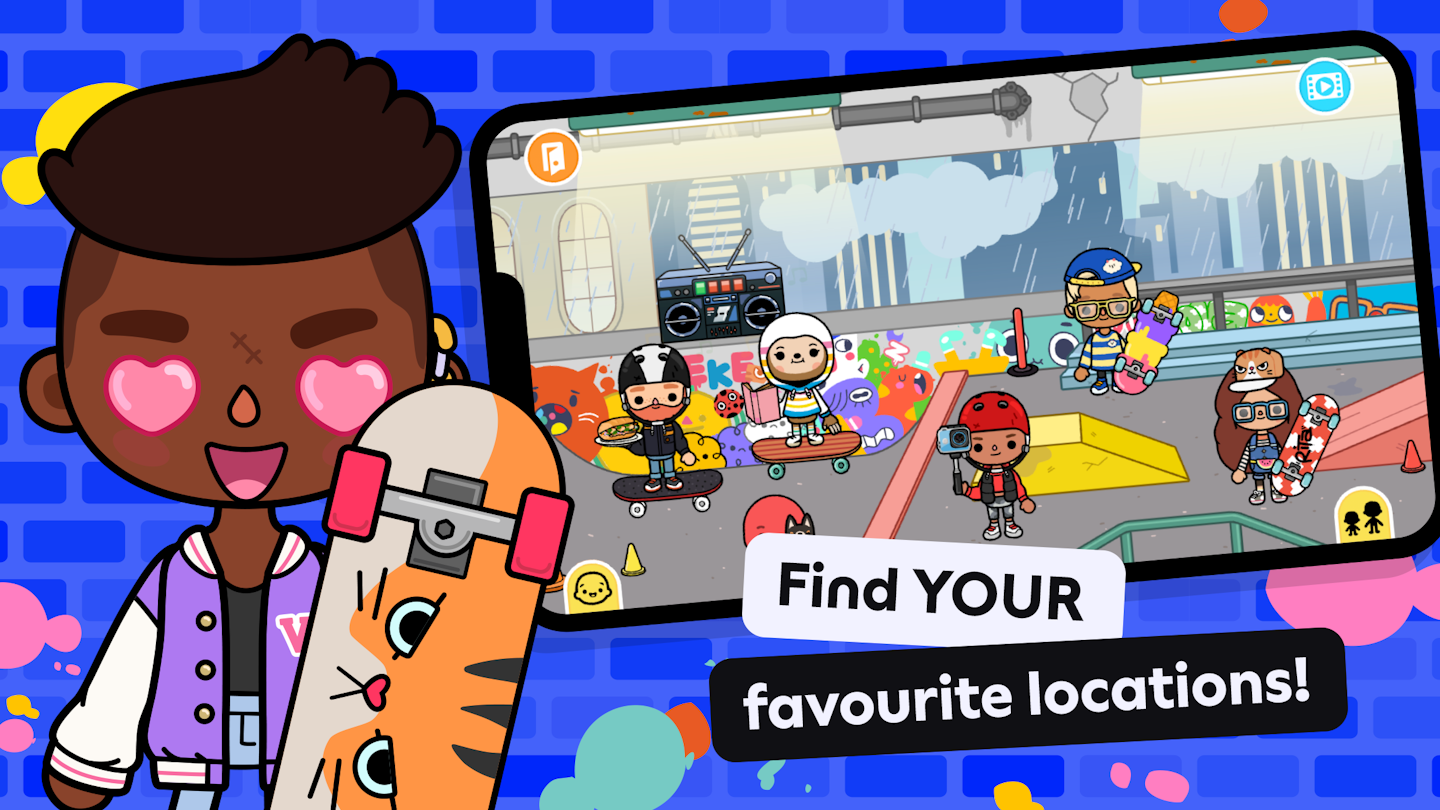 This is is an image showing a mobile phone with Toca Boca World gameplay. Characters seem to be at a skatepark having fun and the words "Find YOUR favourite locations" are in a banner above the phone. There is a character in the foreground holding a skateboard and they have heart emoji eyes
