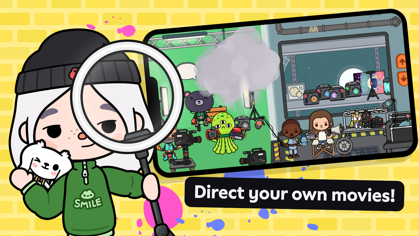 This is is an image showing a mobile phone with Toca Boca World gameplay. Characters seem to be on a movie set and making some SciFi movie and the words "Direct your own movies!" are in a banner below the phone. There is a character in the foreground holding up a light stand with a crumpet on their shoulder