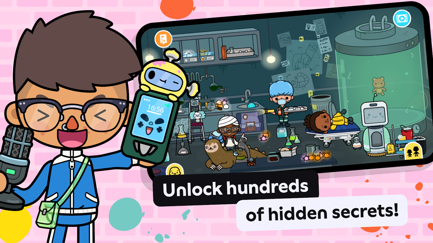 This is is an image showing a mobile phone with Toca Boca World gameplay. Characters are in a dark strange location with various experiments going on and the words "Unlock hundreds of hidden secrets!" are in a banner below the phone. There is a character in the foreground holding a a mic and phone with a cheeky crumpet