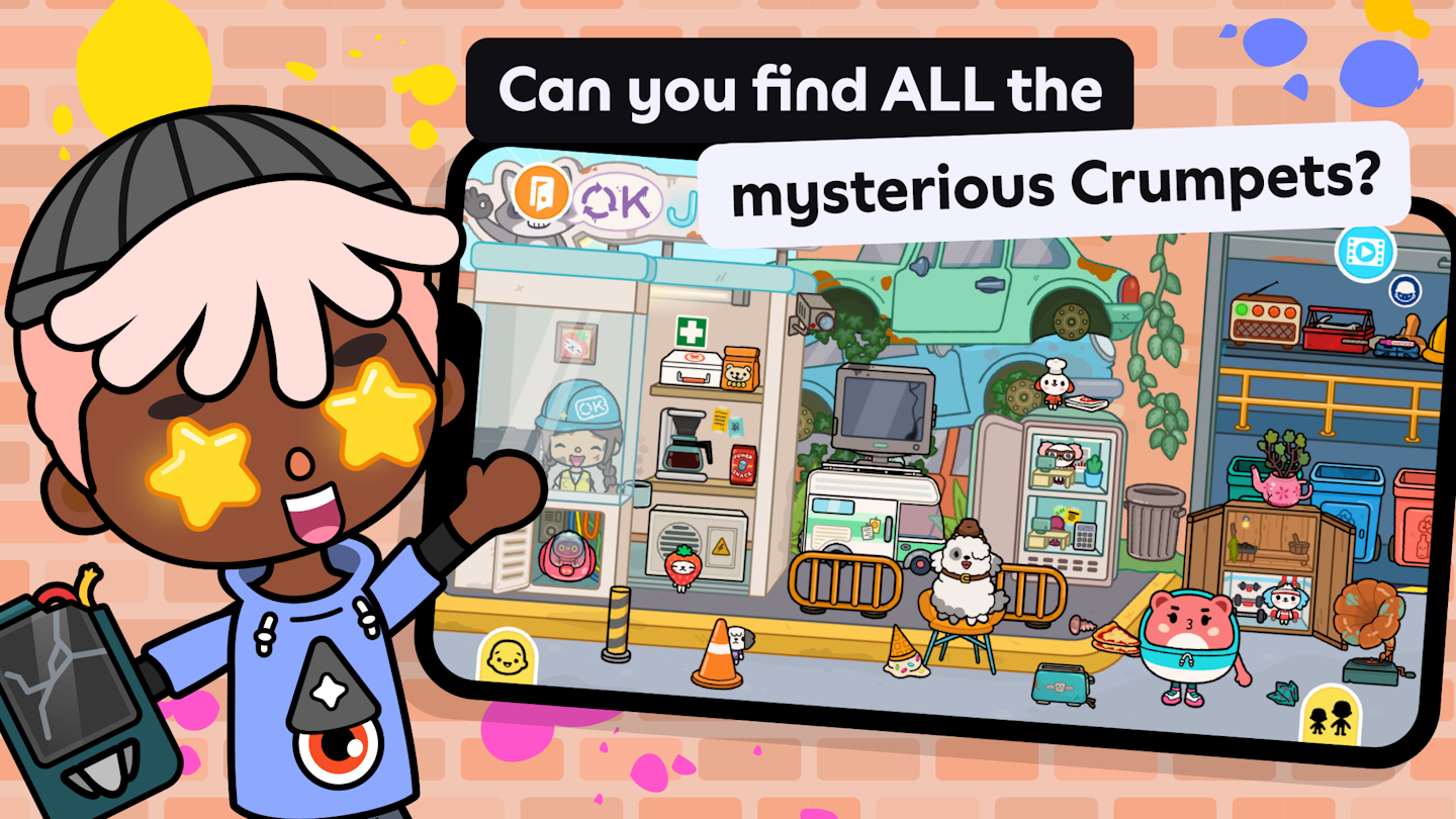 This is an image highlighting the features in Toca Boca World. A mobile phone screen is set on a brick background and Leon is raising his hands with star emoji eyes. In the phone it is a very busy scene from the Crumpet Junkyard playset and there are crumpets. There is some text above the phone stating "Can you find ALL the mysterious Crumpets?"