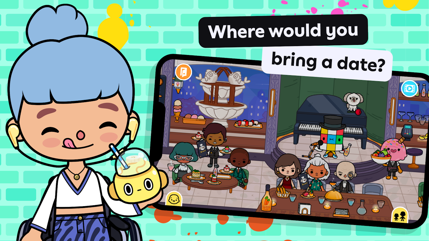 This is is an image showing a mobile phone with Toca Boca World gameplay. Characters seem to be in an elegant restaurant setting and the words "Where would you bring your date?" are in a banner above the phone. There is a character in the foreground holding a drink from Rob-o-cafe