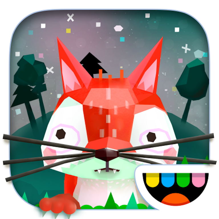This is the app icon for the app Toca Nature. A poly shaped fox is looking through the frame and there is a poly styled background with starry sky and trees in the background