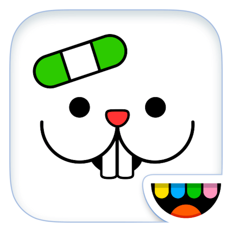 This is the app icon for the app Toca Pet Doctor. It's white with a rabbits face in the middle and a green band-Aid. The Toca Boca logo is in the bottom right of the image.