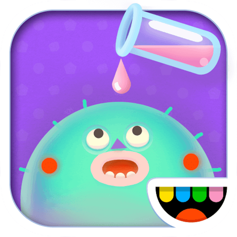 This is the Toca Lab Elements app icon. It features a round shaped character looking up on a pink droplet falling from a test tube.