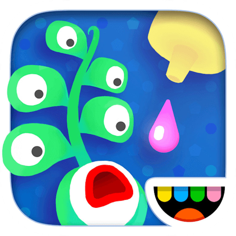 This is an image of the app icon of the app Toca Lab Plants. It features a scared looking plant with five eyes. A yellow bottle tip in the top corner is dripping a pink liquid on the plant.