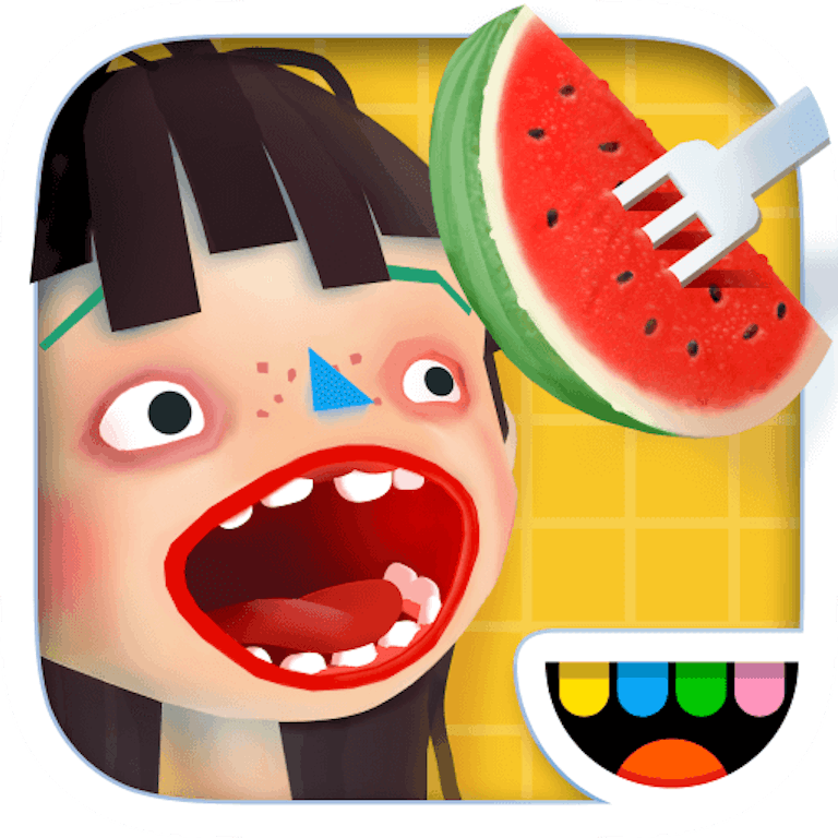This is the app icon for Toca Kitchen 2. It features a character with a wide open round mouth ready to eat a slice of watermelon placed in the right top corner