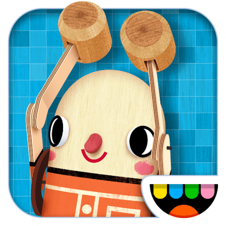This is the app icon Toca Builders. It features a wooden character with it's arms raised up in the air.