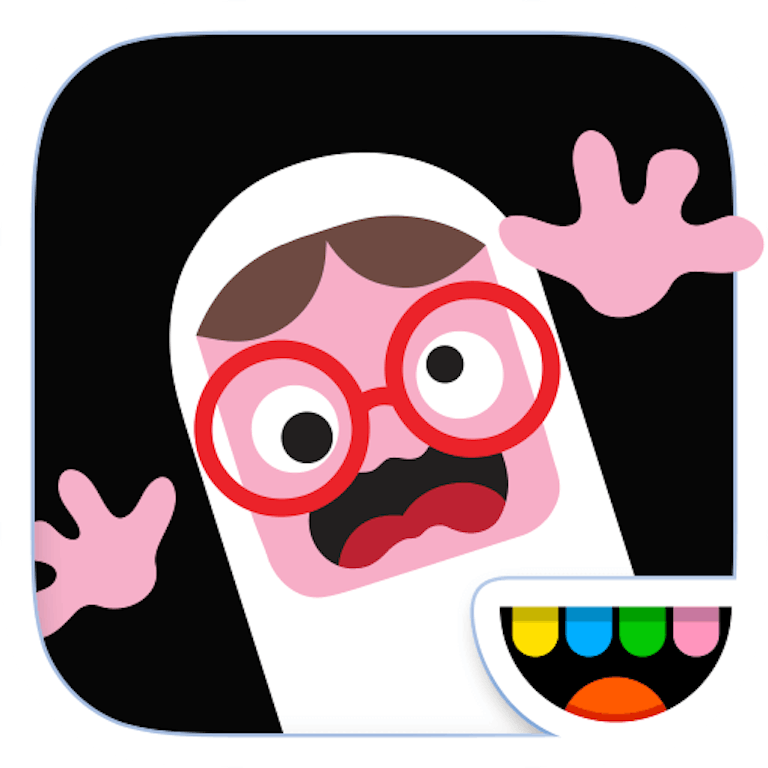 This is the app icon for Toca Boo. It features a girl ghost character with red glasses making a scary face