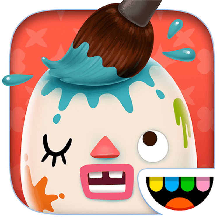 This is the app icon for the app Toca Mini. It features a round face with no hair being painted with a big paintbrush.