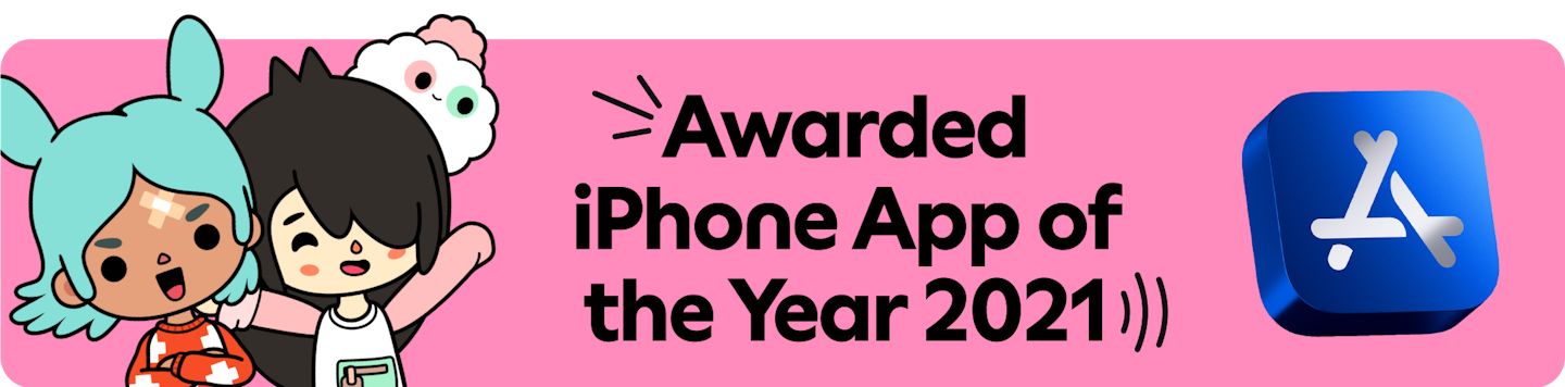 This is an image highlighting that Toca Boca World was awarded iPhone app of the year with App Store in 2021. Two characters Rita and Nari from Toca Boca World are celebrating to the left with the fantasy character croquet on Nari's head