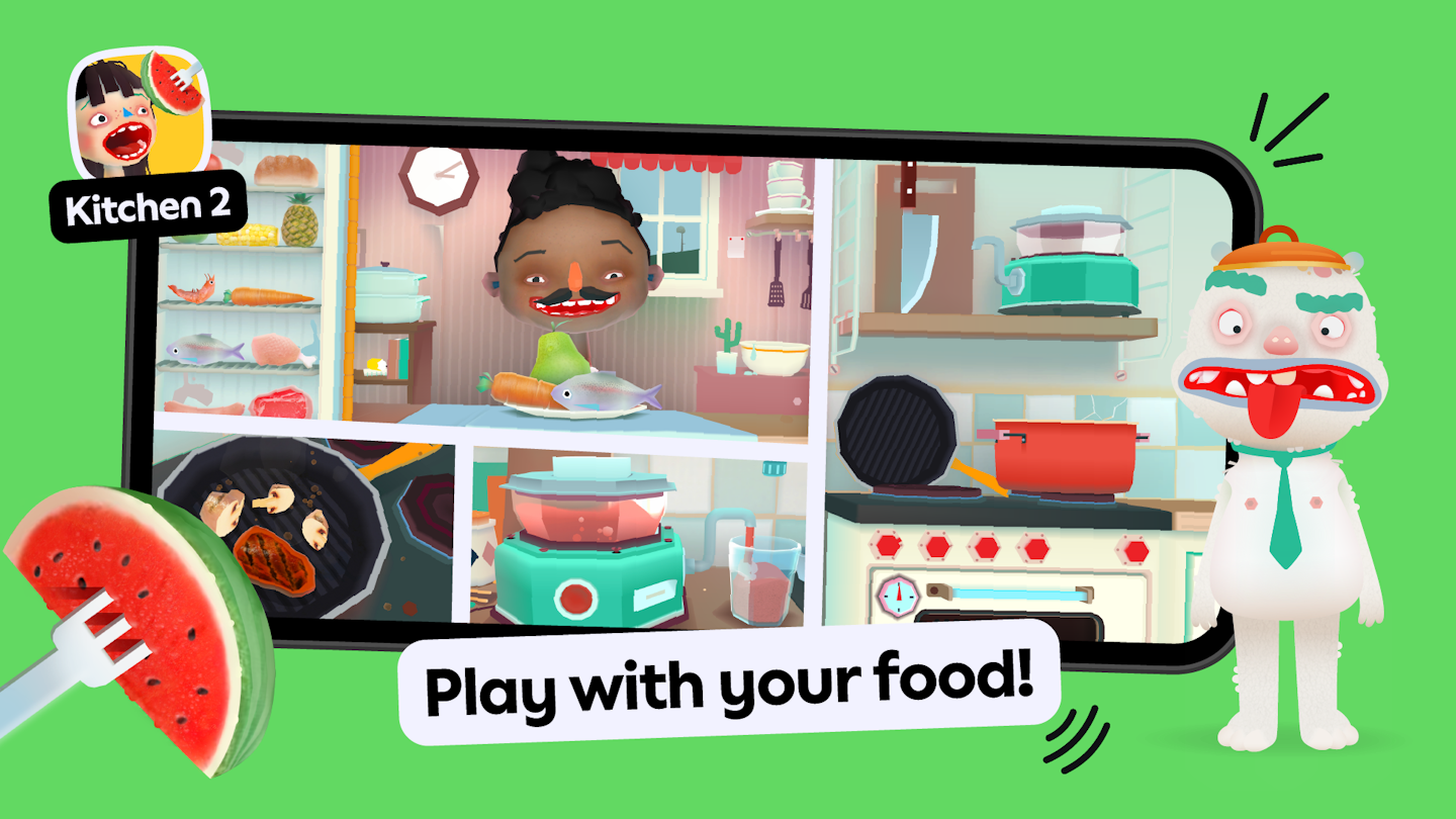 This is an image showing a mobile phone with gameplay from the app Toca Kitchen 2, which is a part of the Toca Boca Jr subscription. There are lots of colorful cooking and characters sitting down to enjoy food in the gameplay. A monster is in the foreground of the image with their tongue out and doesn't look impressed.The words "Play with your food!" are also in a banner in the foreground of the image in front of the phone.