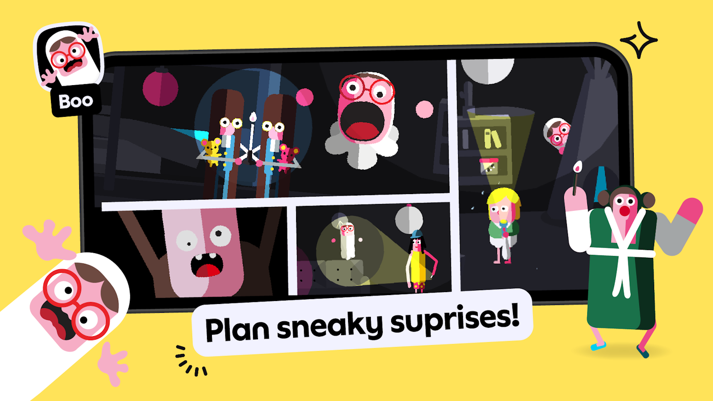 This is is an image showing a mobile phone with gameplay from the app Toca Boo, which is a part of the Toca Boca Jr subscription. There are lots of colorful characters with torches being scared by a ghost girl in the gameplay. The words "Plan sneaky surprises!" are also in a banner in the foreground of the image in front of the phone.