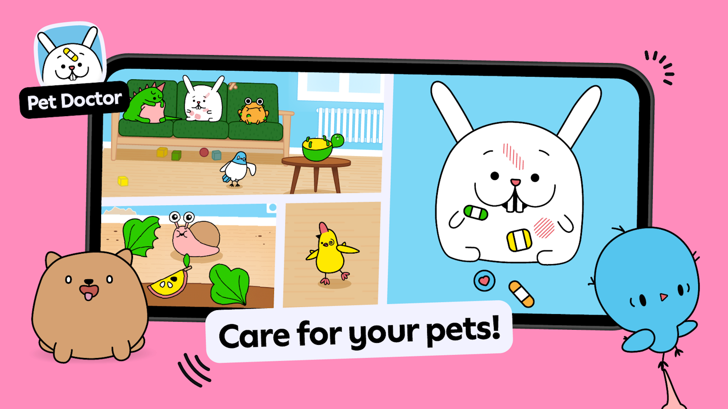This is is an image showing a mobile phone with gameplay from the app Toca Pet Doctor, which is a part of the Toca Boca Jr subscription. There are lots of colorful animals with bandages and bumps in the gameplay. The words "Care for your pets!" are also in a banner in the foreground of the image in front of the phone.