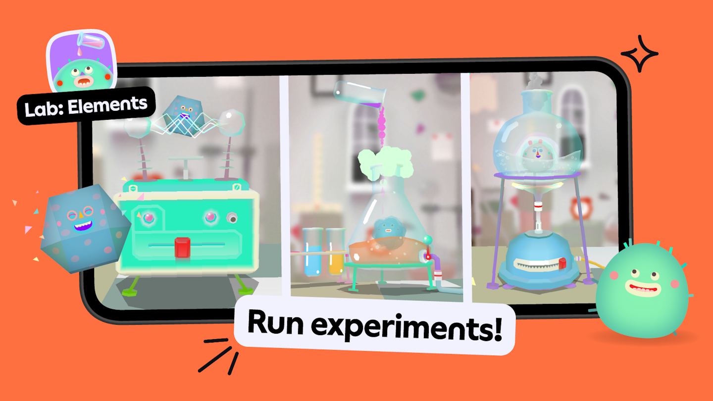 This is is an image showing a mobile phone with gameplay from the app Toca Lab: Elements, which is a part of the Toca Boca Jr subscription. There are lots of colorful element blob shapes in what seems to be a lab environment with beakers and other experiments. The words "Run experiments!" are also in a banner in the foreground of the image in front of the phone.