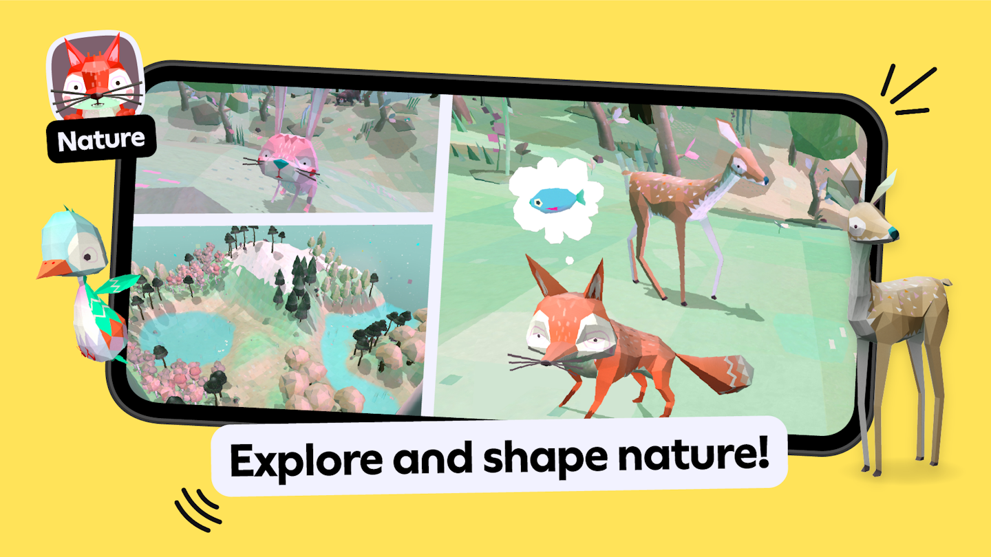 This is is an image showing a mobile phone with gameplay from the app Toca Nature, which is a part of the Toca Boca Jr subscription. There are lots of poly shaped animals in the game in various woodland environments. The words "Explore and shape nature!" are also in a banner in the foreground of the image in front of the phone.