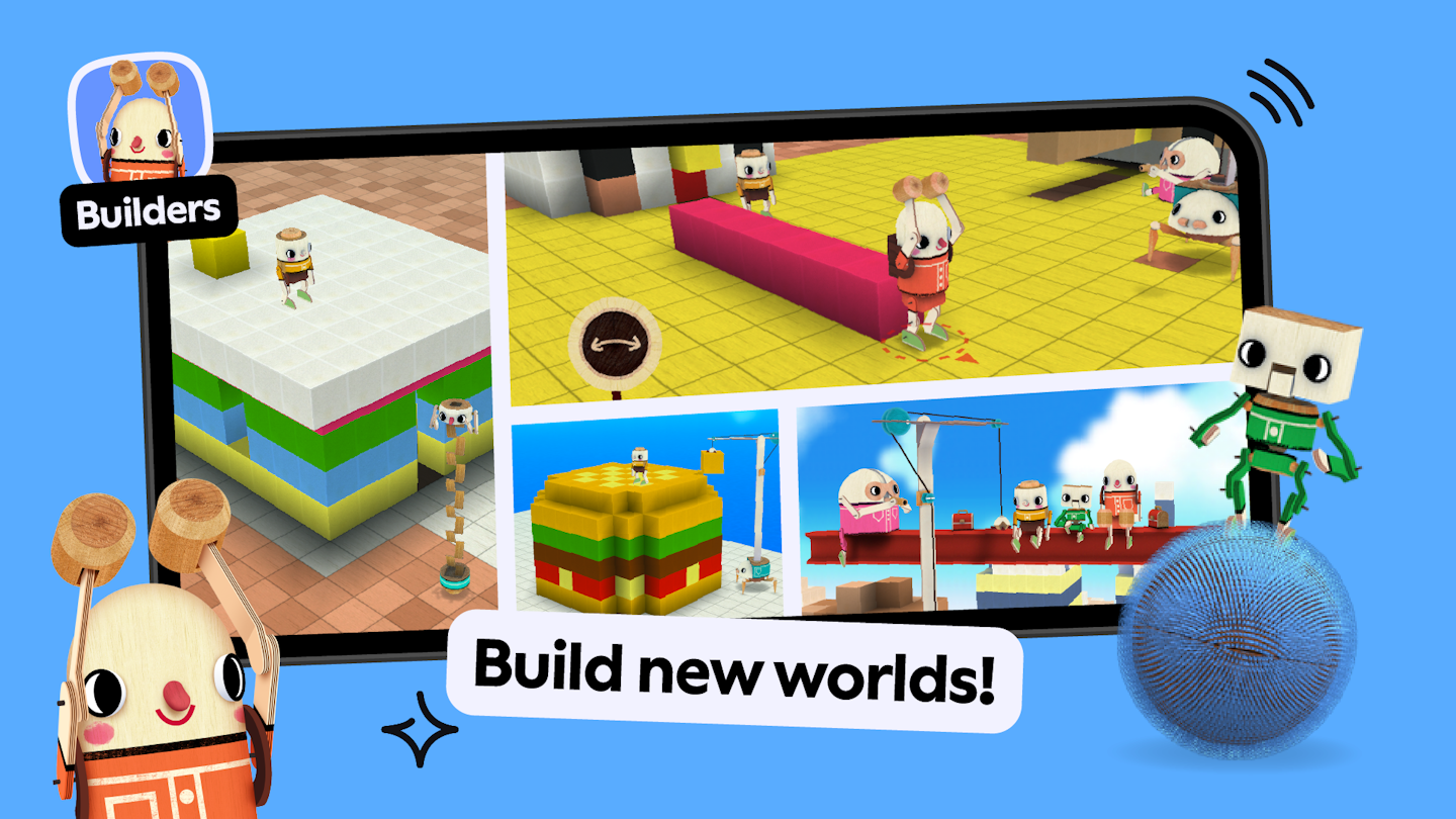 This is is an image showing a mobile phone with gameplay from the app Toca Builders which is a part of the Toca Boca Jr. subscription. There are lots of robots performing lots of actions in a colorful blocky setting in the phone and there are also robots posed outside of the phone in the foreground. The words "Build new worlds!" are also in a banner in the foreground of the image in front of the phone.