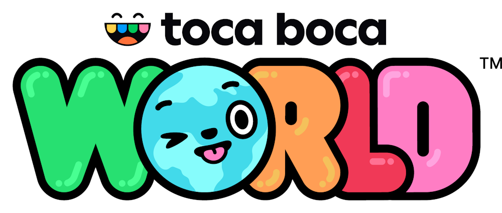 This is the logo for the game Toca Boca World. The words "Toca Boca" are in black text with the Toca Boca studio logo to the left, whereas the word "World" is comprised of colorful vibrant letters with the letter "o" replaced by a sphere of a world with a winking eye and sticking it's tongue out. There is a small TM trademark to the right of the image.
