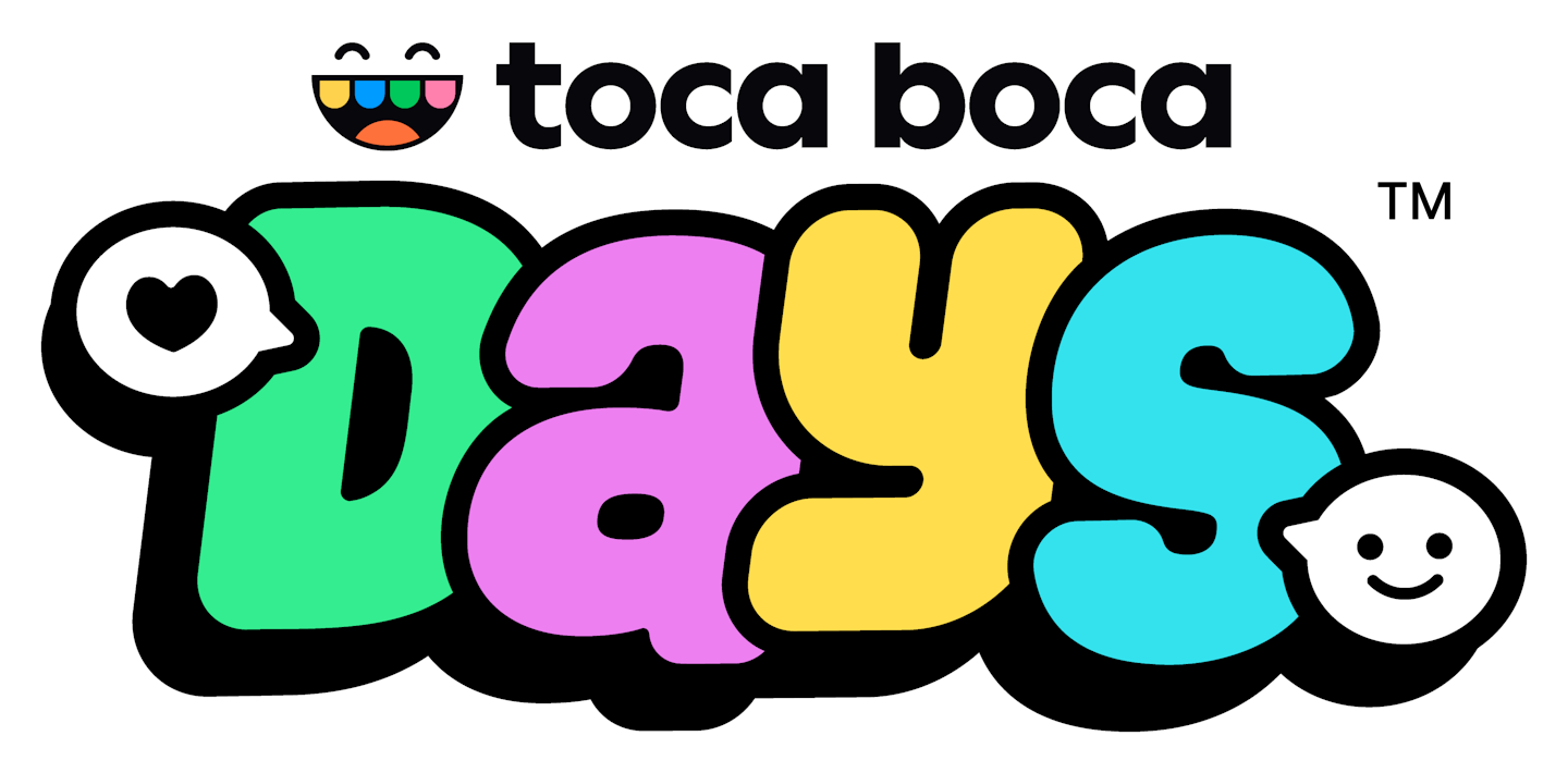 This is a logo for the Toca Boca Days game. The word days is colorful lettering is stacked  and the words "Toca Boca" are above this slightly smaller with the Toca Boca logo to the right. There is a small TM trademark image to the right of the logo