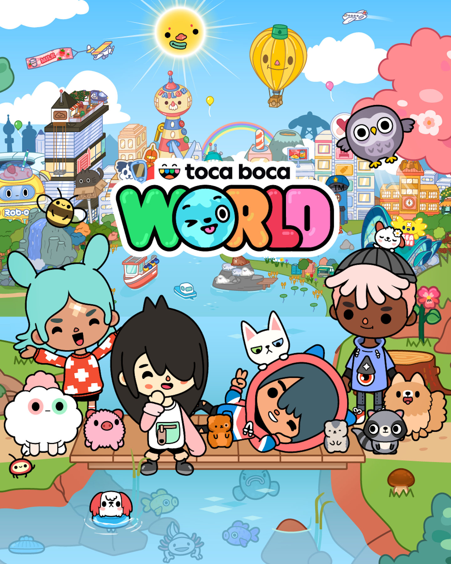 This is the key art for Toca Boca World. Many of the characters from the game are standing standing on a bridge over a calm river which is flowing down from Bop City. We see many crumpets and fantasy characters hiding in various locations and some animals on the banks of the river. The logo for Toca Boca World can be seen in the top middle third of the image.