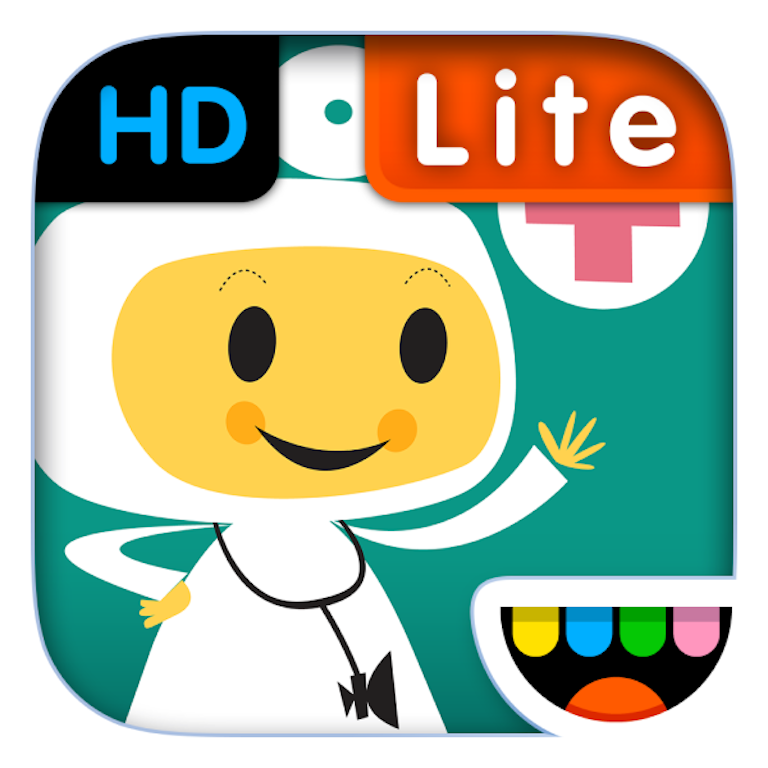 This is the app icon for Toca Doctor HD Lite. It features a yellow character in a white doctors uniform and a round circle with a red cross on a teal background